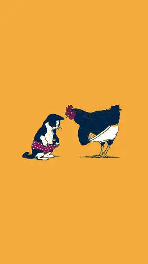 Cat And Rooster Cute Yellow Background