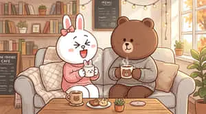Cute Bunny and Bear Characters Drinking Coffee in Cozy Cafe, Sweet Cartoon of Friendship
