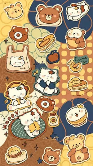 Cute Teddy Bear and Kitty Sticker Collage Wallpaper