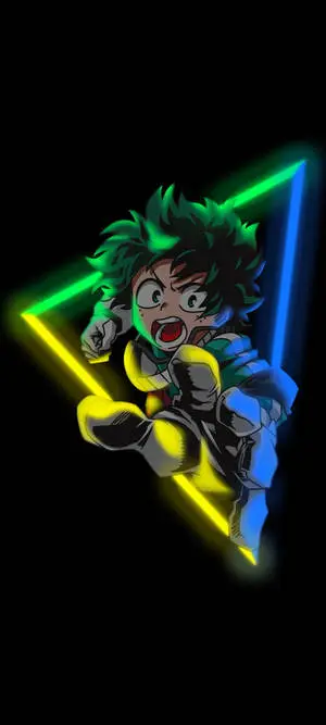 Deku adopts an adorable neon vibe against a triangular backdrop.