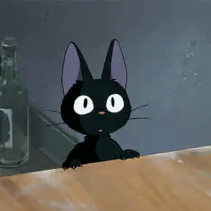 Jiji the black cat from Studio Ghibli's Kiki's Delivery Service sitting on a wooden branch