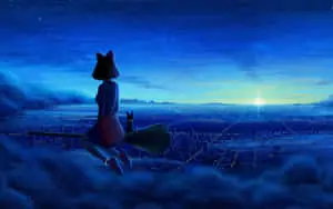 Jiji the charming black cat perched on a broomstick