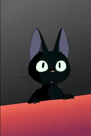 Charming Jiji Cat sitting on a broomstick against a purple backdrop