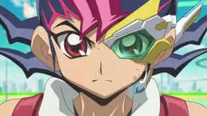 Yuma Tsukumo posing with a duel disk and a wide grin.